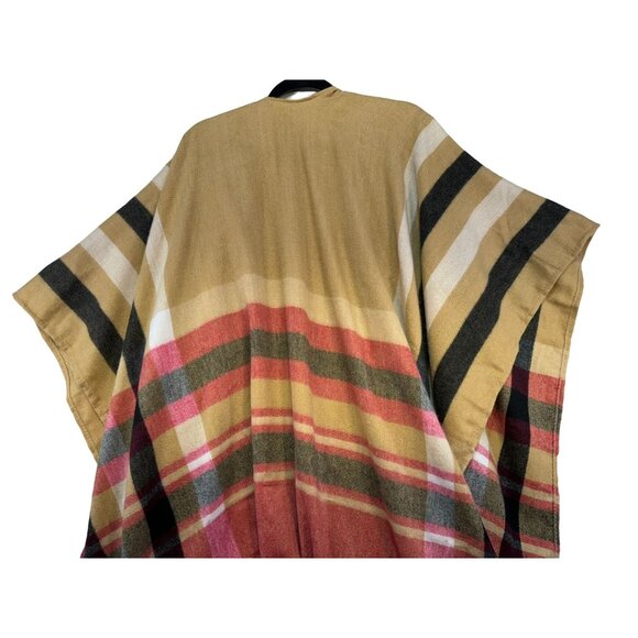 Woolrich Womens One Size Striped Poncho With Fringe Tan Red Black - Picture 9 of 9
